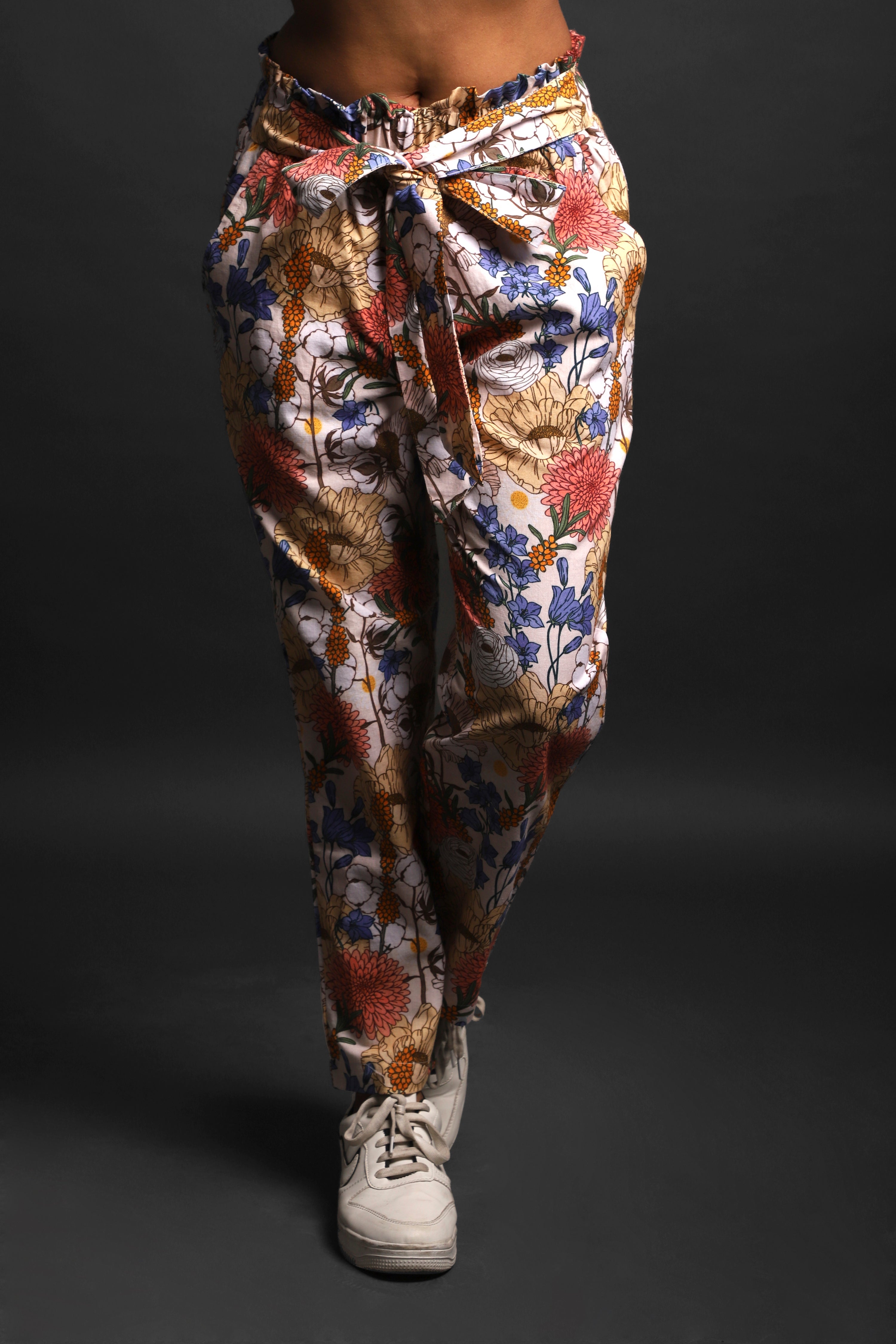 Women's Beige Cotton Printed Trousers