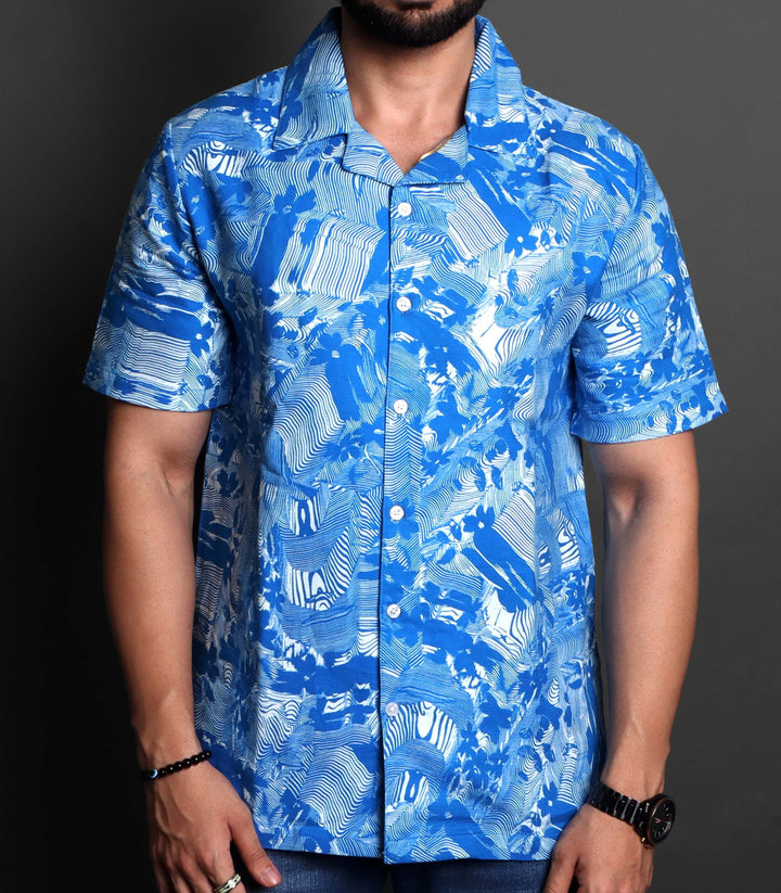 Prints - Blue Lagoon Cuban Collar Shirt For Men#647